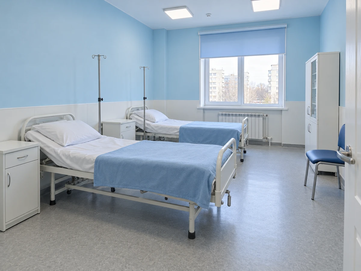 Двухместная палата стационара: функциональные кровати и стойки для капельниц